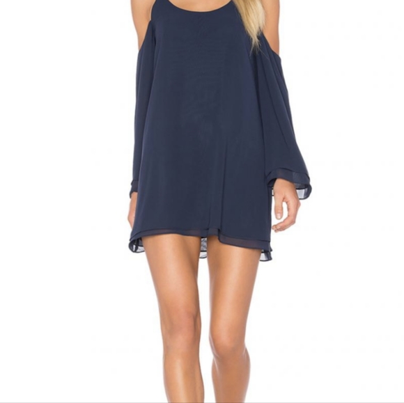 LOVERS + FRIENDS X REVOLVE LUCY DRESS navy mini dress cold shoulder Sz Small EUC - Picture 1 of 7